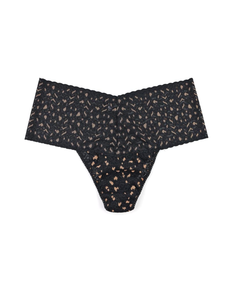 Front of a size one-size-fits-all CROSS-DYED LEOPARD RETRO LACE PLUS THONG in BKPR-BLACK/PRALINE by Hanky Panky. | dia_product_style_image_id:272423